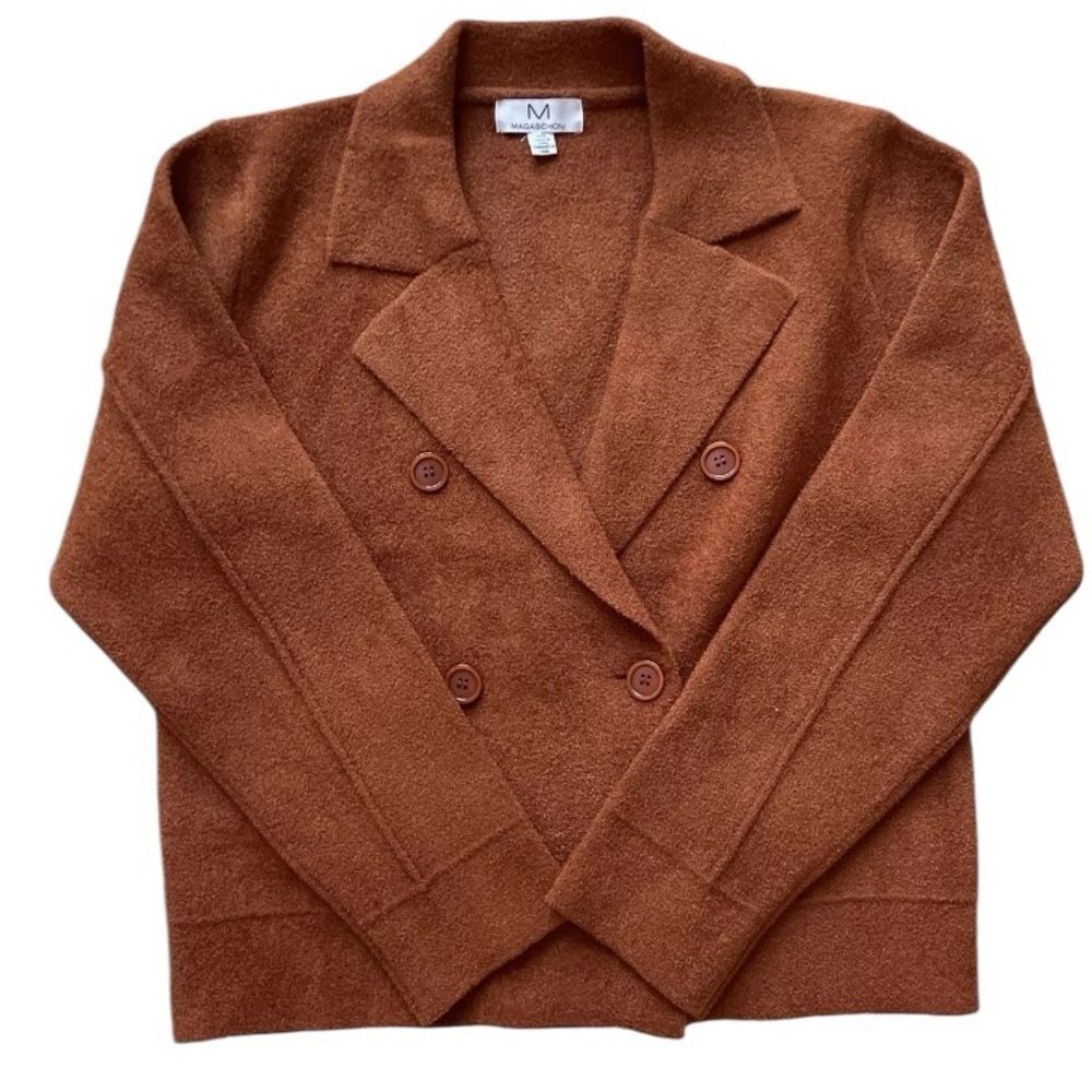 Magaschoni Cognac Double Breast Sweater Super Soft Cozy Boxy Grandpa Sweater